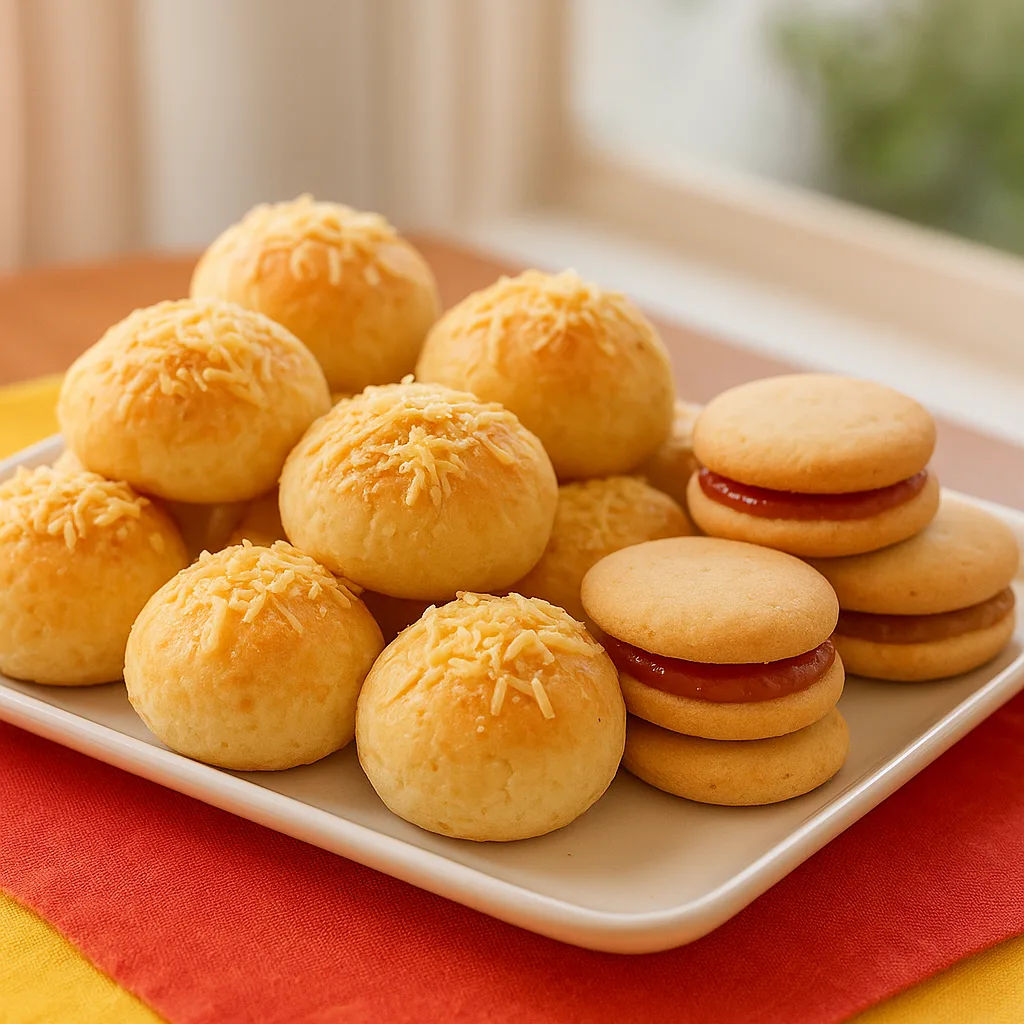 Pães delícia com queijo ralado e casadinhos de doce de leite e goiabada numa bandeja clara, sobre toalha vermelha